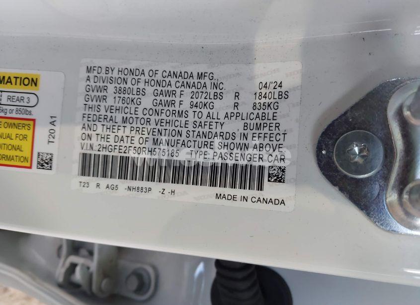 Photo 9 of 2024 Honda Civic SPORT (VIN 2HGFE2F50RH575185)