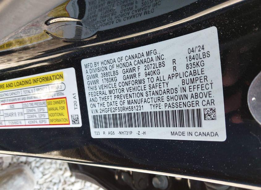 Photo 9 of 2024 Honda Civic SPORT (VIN 2HGFE2F50RH581231)