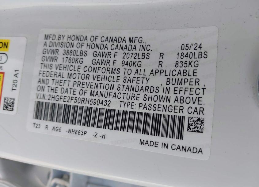Photo 9 of 2024 Honda Civic SPORT (VIN 2HGFE2F50RH590432)