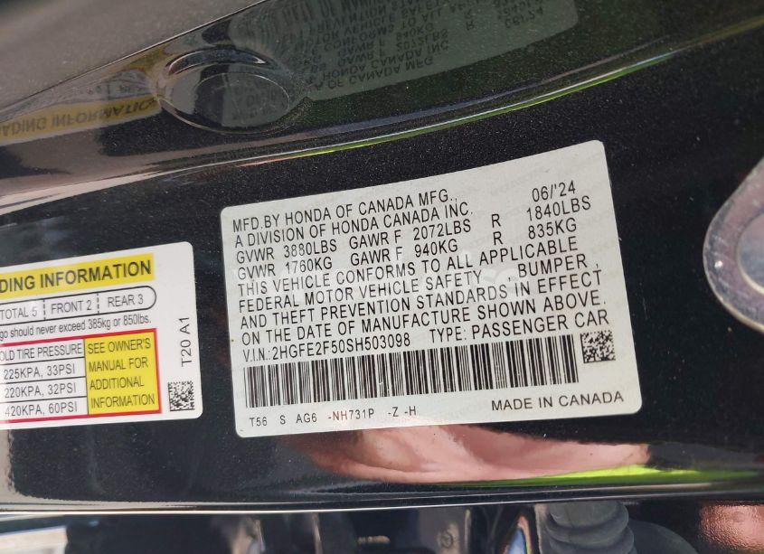 Photo 9 of 2025 Honda Civic SPORT (VIN 2HGFE2F50SH503098)