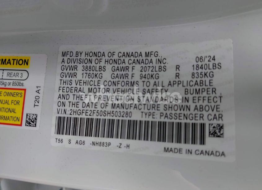 Photo 9 of 2025 Honda Civic SPORT (VIN 2HGFE2F50SH503280)