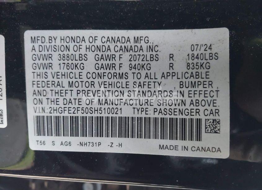 Photo 9 of 2025 Honda Civic SPORT (VIN 2HGFE2F50SH510021)