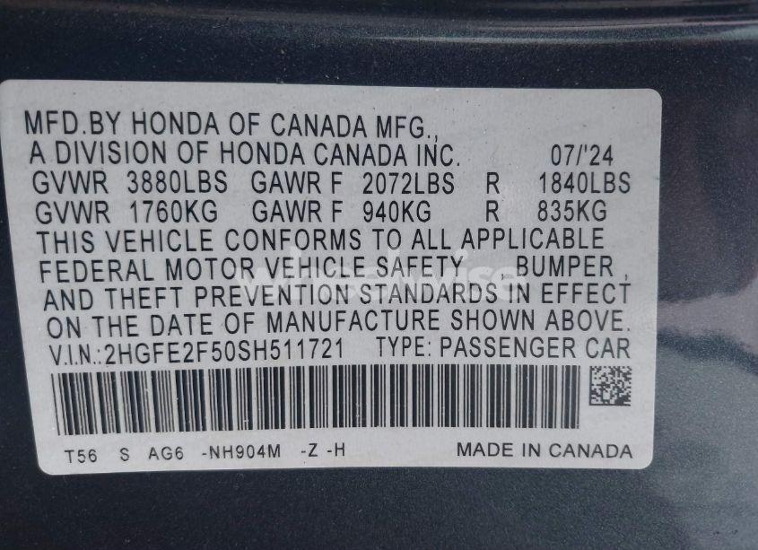 Photo 9 of 2025 Honda Civic SPORT (VIN 2HGFE2F50SH511721)