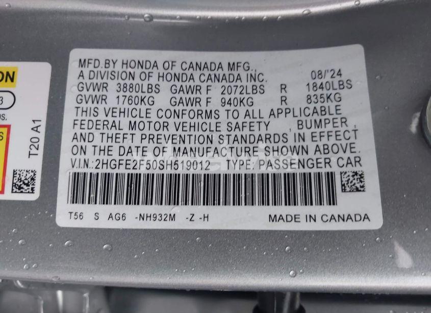 Photo 9 of 2025 Honda Civic SPORT (VIN 2HGFE2F50SH519012)