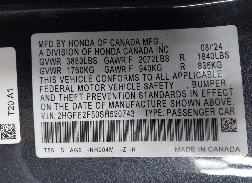 Photo 9 of 2025 Honda Civic SPORT (VIN 2HGFE2F50SH520743)