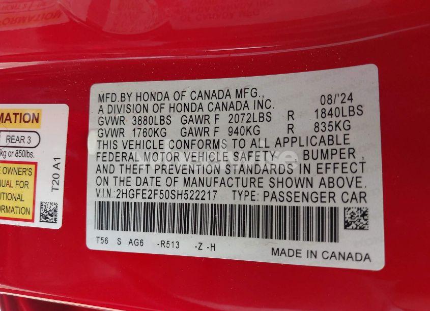 Photo 9 of 2025 Honda Civic SPORT (VIN 2HGFE2F50SH522217)