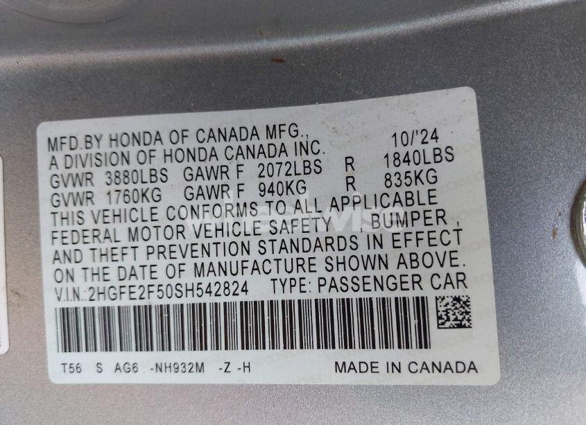 Photo 9 of 2025 Honda Civic SPORT (VIN 2HGFE2F50SH542824)