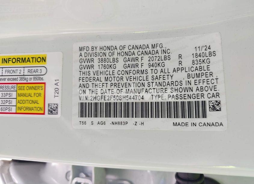 Photo 9 of 2025 Honda Civic SPORT (VIN 2HGFE2F50SH544704)