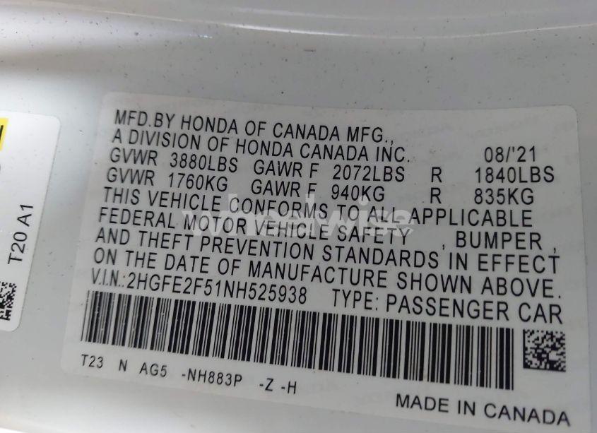 Photo 9 of 2022 Honda Civic SPORT (VIN 2HGFE2F51NH525938)