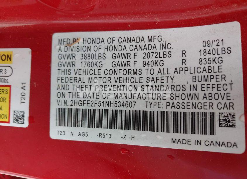 Photo 9 of 2022 Honda Civic SPORT (VIN 2HGFE2F51NH534607)