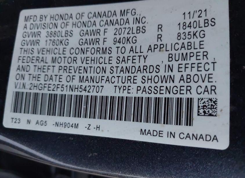 Photo 9 of 2022 Honda Civic SPORT (VIN 2HGFE2F51NH542707)