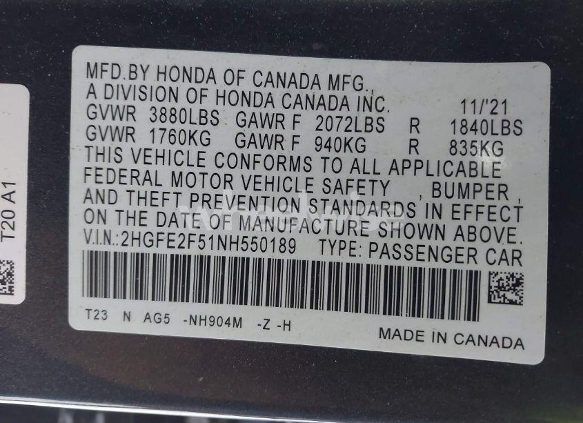 Photo 9 of 2022 Honda Civic SPORT (VIN 2HGFE2F51NH550189)