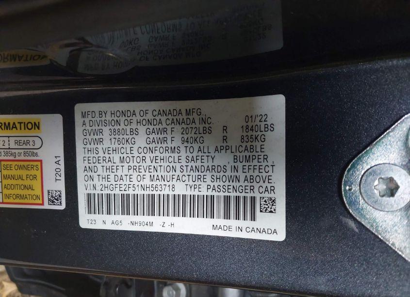 Photo 9 of 2022 Honda Civic SPORT (VIN 2HGFE2F51NH563718)