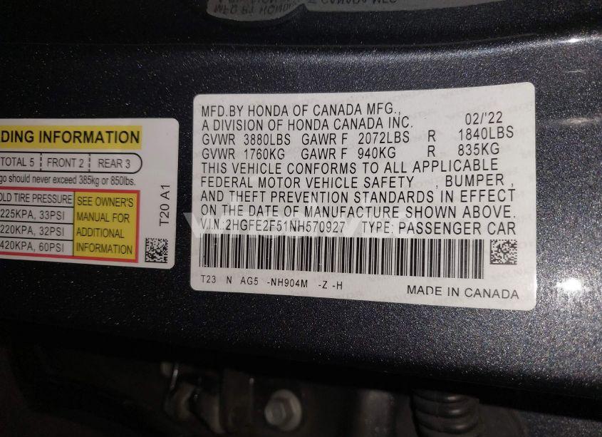 Photo 9 of 2022 Honda Civic SPORT (VIN 2HGFE2F51NH570927)