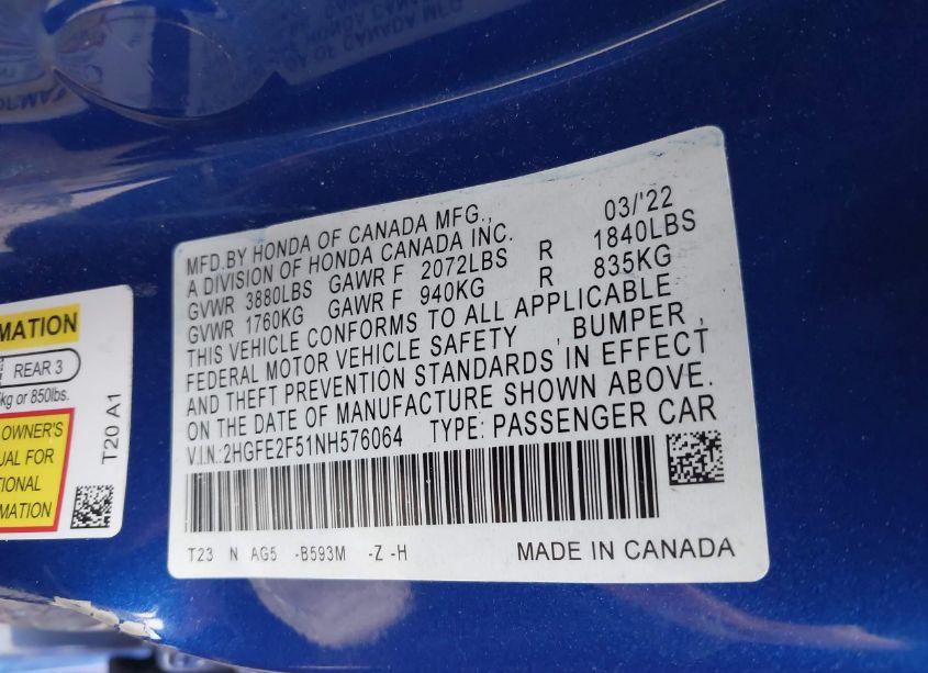 Photo 9 of 2022 Honda Civic SPORT (VIN 2HGFE2F51NH576064)