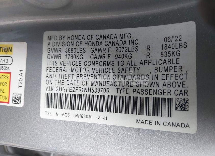 Photo 9 of 2022 Honda Civic SPORT (VIN 2HGFE2F51NH589705)