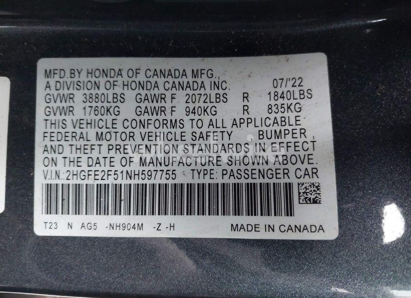 Photo 9 of 2022 Honda Civic SPORT (VIN 2HGFE2F51NH597755)