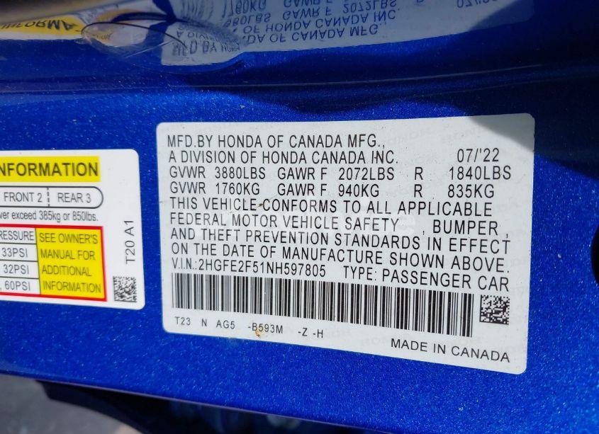 Photo 9 of 2022 Honda Civic SPORT (VIN 2HGFE2F51NH597805)
