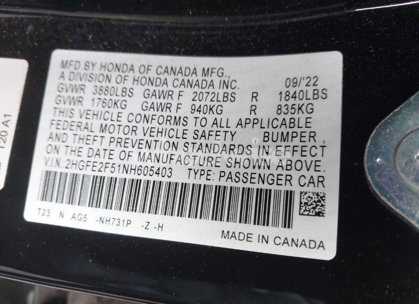 Photo 9 of 2022 Honda Civic SPORT (VIN 2HGFE2F51NH605403)