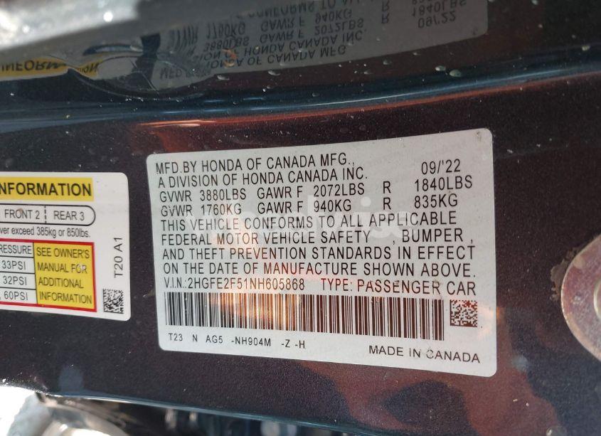 Photo 9 of 2022 Honda Civic SPORT (VIN 2HGFE2F51NH605868)