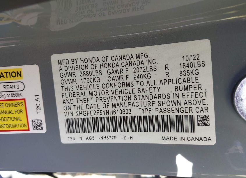 Photo 9 of 2022 Honda Civic SPORT (VIN 2HGFE2F51NH610603)