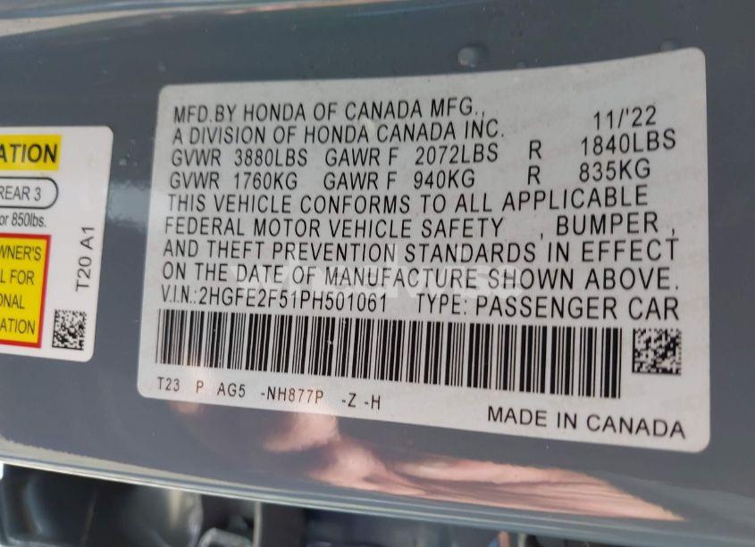 Photo 9 of 2023 Honda Civic SPORT (VIN 2HGFE2F51PH501061)