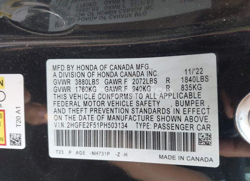 Photo 9 of 2023 Honda Civic SPORT (VIN 2HGFE2F51PH503134)