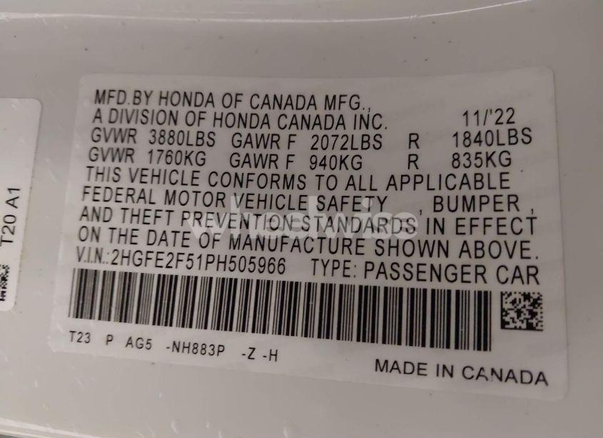 Photo 9 of 2023 Honda Civic SPORT (VIN 2HGFE2F51PH505966)