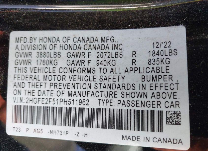 Photo 9 of 2023 Honda Civic SPORT (VIN 2HGFE2F51PH511962)