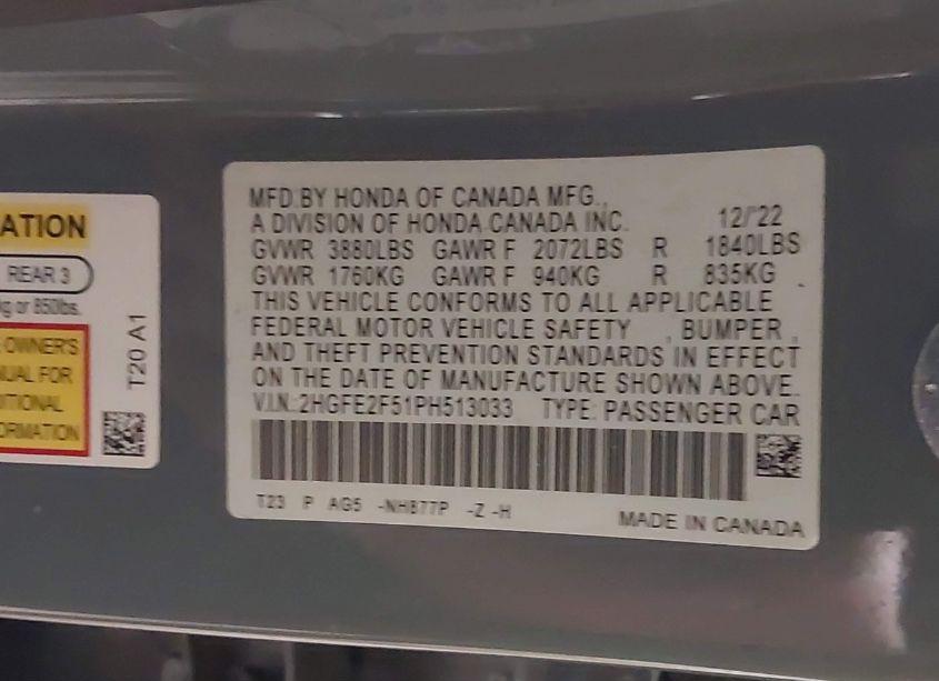 Photo 9 of 2023 Honda Civic SPORT (VIN 2HGFE2F51PH513033)