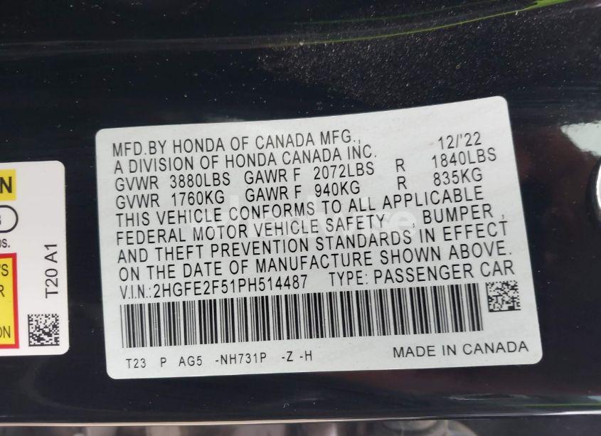 Photo 9 of 2023 Honda Civic SPORT (VIN 2HGFE2F51PH514487)