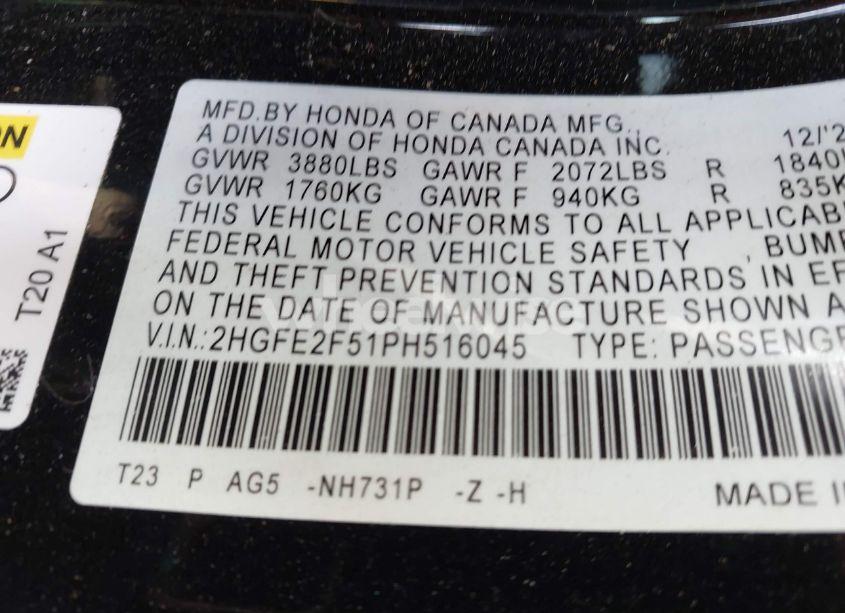 Photo 9 of 2023 Honda Civic SPORT (VIN 2HGFE2F51PH516045)
