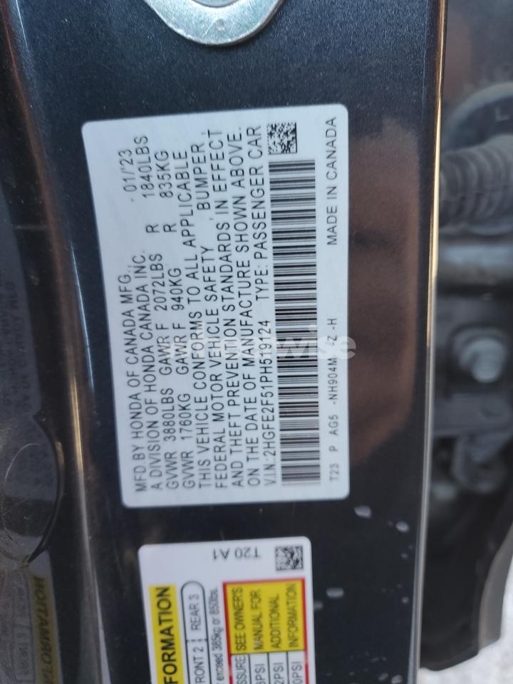 Photo 13 of 2023 HONDA CIVIC SPORT (VIN 2HGFE2F51PH519124)
