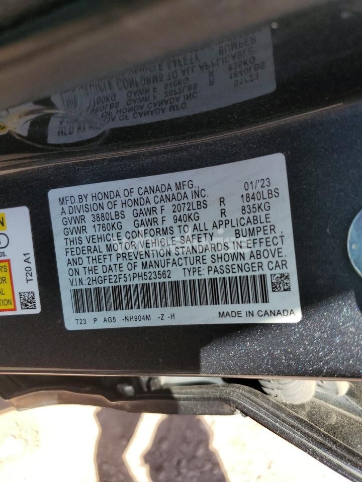 Photo 12 of 2023 HONDA CIVIC SPORT N/A (VIN 2HGFE2F51PH523562)