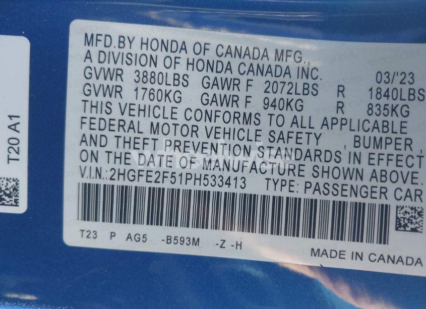 Photo 9 of 2023 Honda Civic SPORT (VIN 2HGFE2F51PH533413)