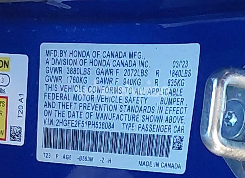 Photo 9 of 2023 Honda Civic SPORT (VIN 2HGFE2F51PH536084)