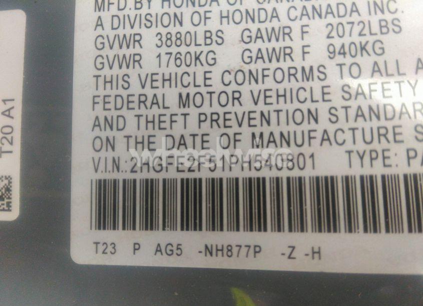 Photo 9 of 2023 Honda Civic SPORT (VIN 2HGFE2F51PH540801)