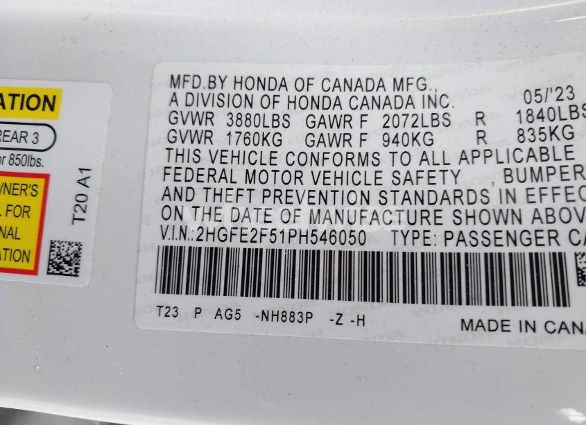 Photo 9 of 2023 Honda Civic SPORT (VIN 2HGFE2F51PH546050)