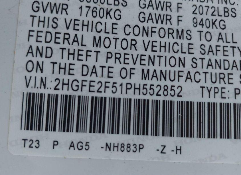 Photo 9 of 2023 Honda Civic SPORT (VIN 2HGFE2F51PH552852)