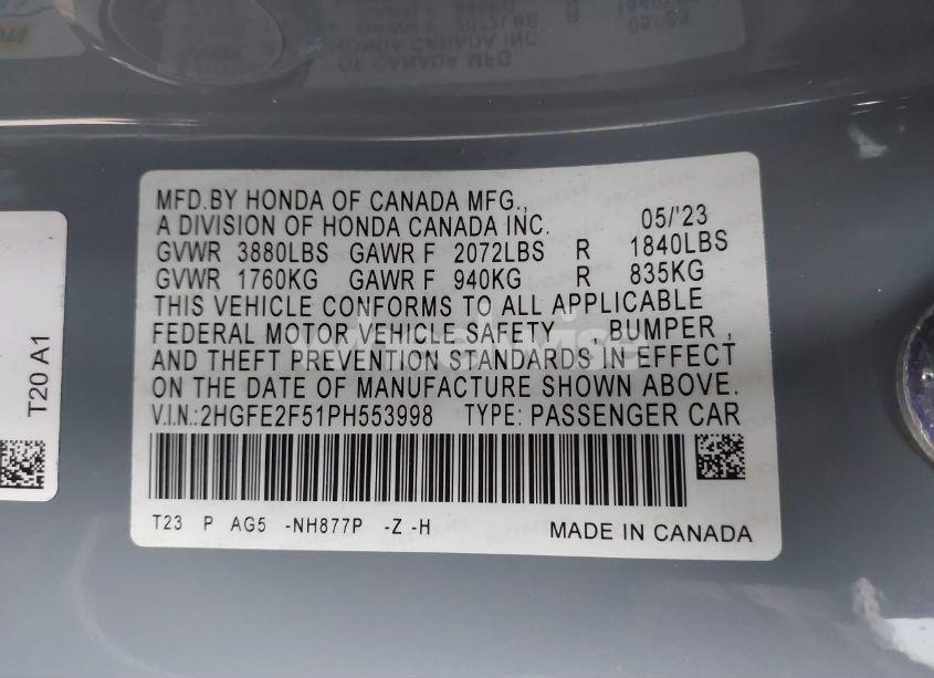 Photo 9 of 2023 Honda Civic SPORT (VIN 2HGFE2F51PH553998)