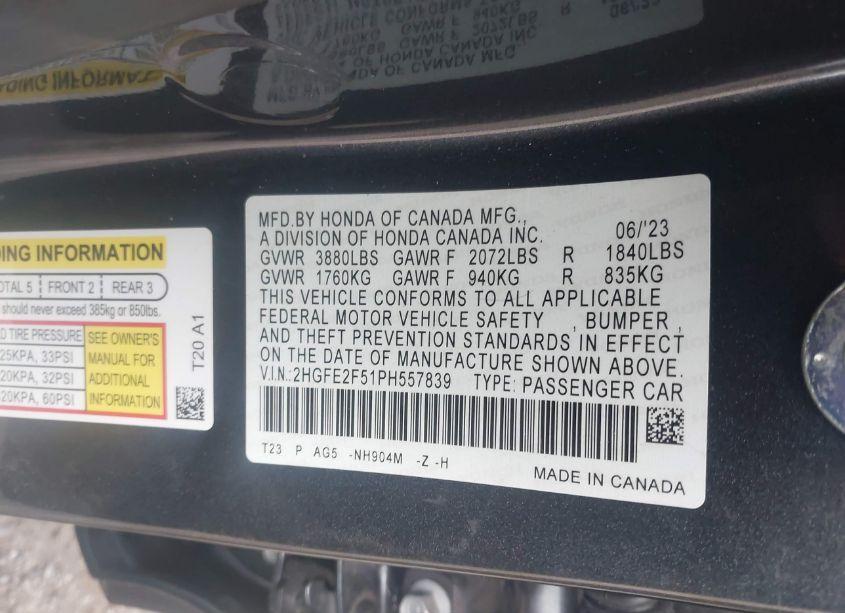Photo 9 of 2023 Honda Civic SPORT (VIN 2HGFE2F51PH557839)