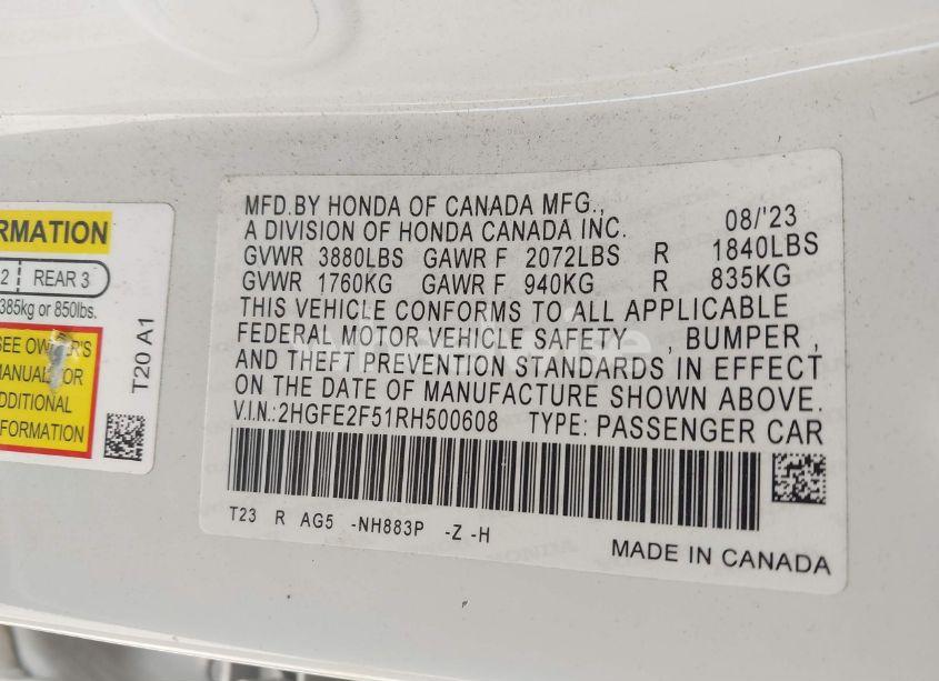 Photo 9 of 2024 Honda Civic SPORT (VIN 2HGFE2F51RH500608)