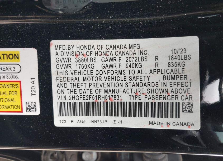 Photo 9 of 2024 Honda Civic SPORT (VIN 2HGFE2F51RH517831)