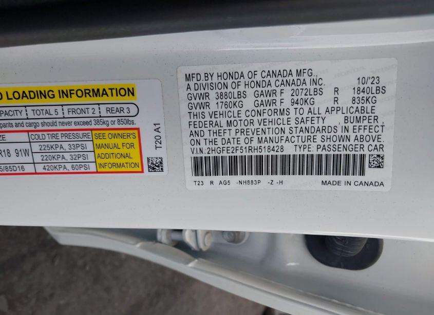 Photo 9 of 2024 Honda Civic SPORT (VIN 2HGFE2F51RH518428)