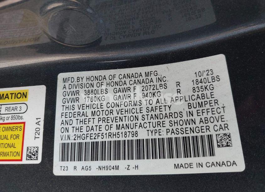 Photo 9 of 2024 Honda Civic SPORT (VIN 2HGFE2F51RH518798)