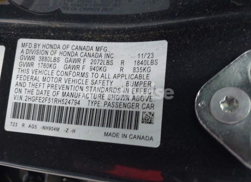 Photo 9 of 2024 Honda Civic SPORT (VIN 2HGFE2F51RH524794)