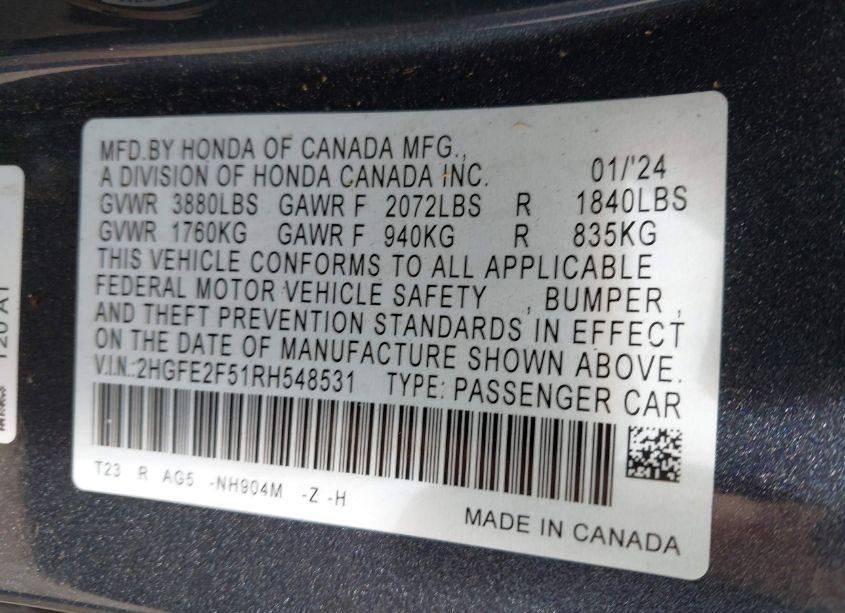 Photo 9 of 2024 Honda Civic SPORT (VIN 2HGFE2F51RH548531)