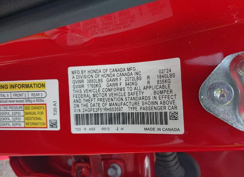 Photo 9 of 2024 Honda Civic SPORT (VIN 2HGFE2F51RH553597)