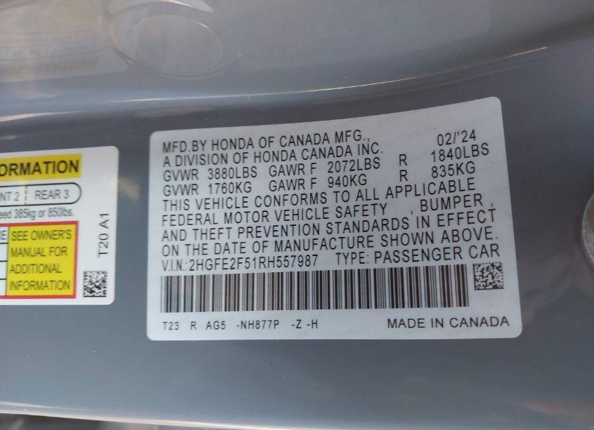 Photo 9 of 2024 Honda Civic SPORT (VIN 2HGFE2F51RH557987)