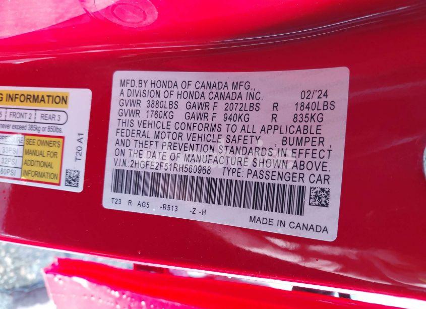 Photo 9 of 2024 Honda Civic SPORT (VIN 2HGFE2F51RH560968)